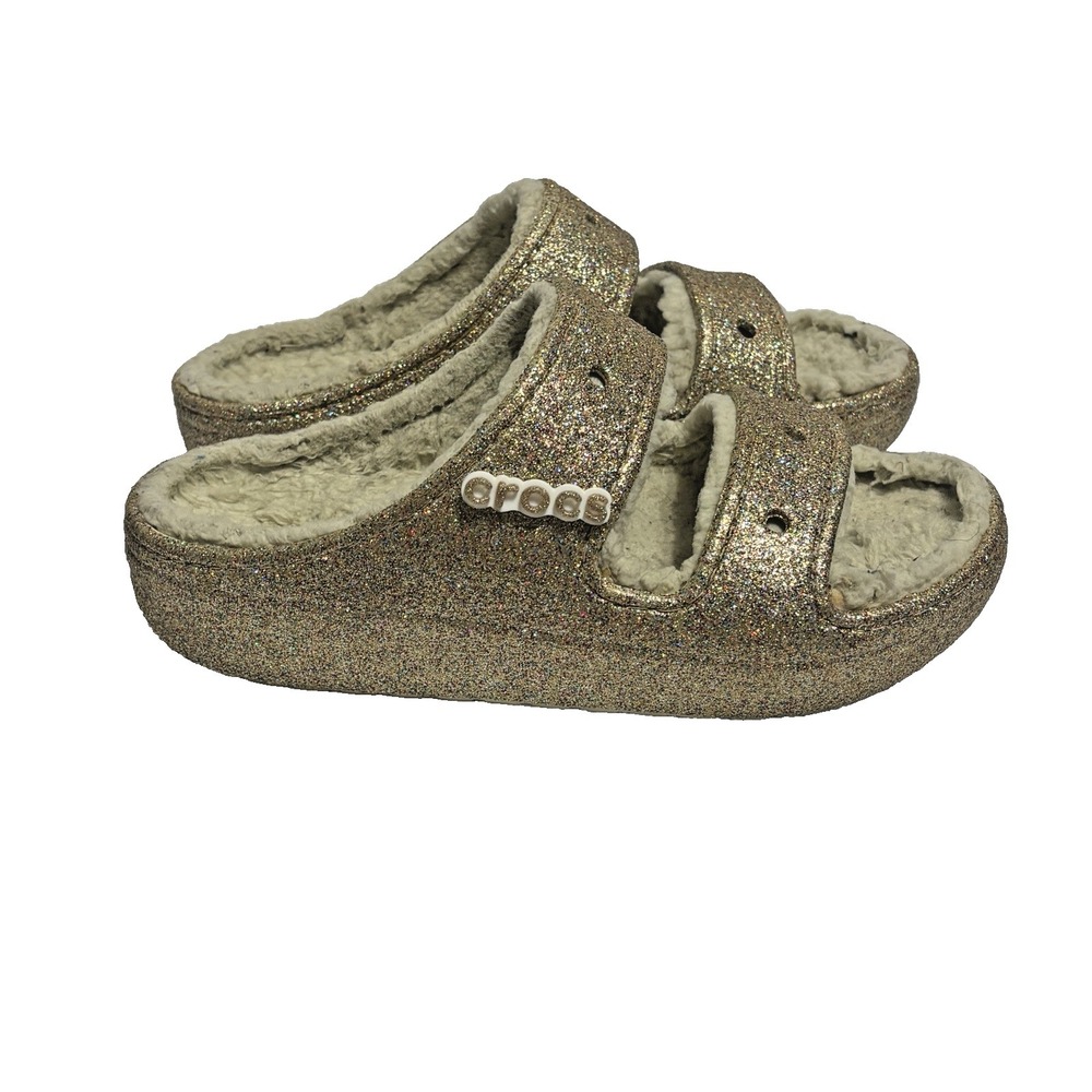 Crocs Glitter Lined Clogs Womens 8 Gold Sparkle Fleece Lined Comfort Slides Cozy